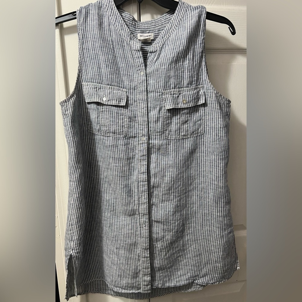ARTISAN NY WOMEN 100% LINEN BLOUSE SIZE LARGE BUTTON FRONT WITH POCKETS